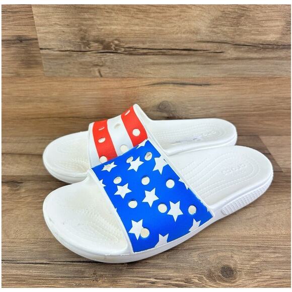 Crocs American Flag Slide Sandals Red White Blue Patriotic Women 7 - Picture 1 of 6